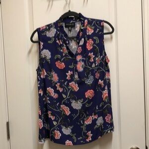 Premise Blue Pink Floral Sleeveless Blouse with Mandarin Collar